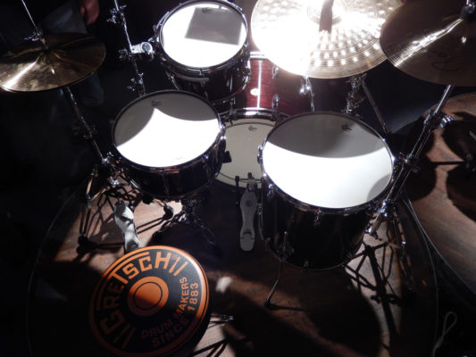 Recording Gretsch drum samples, including snare, kick, cymbals, and toms.