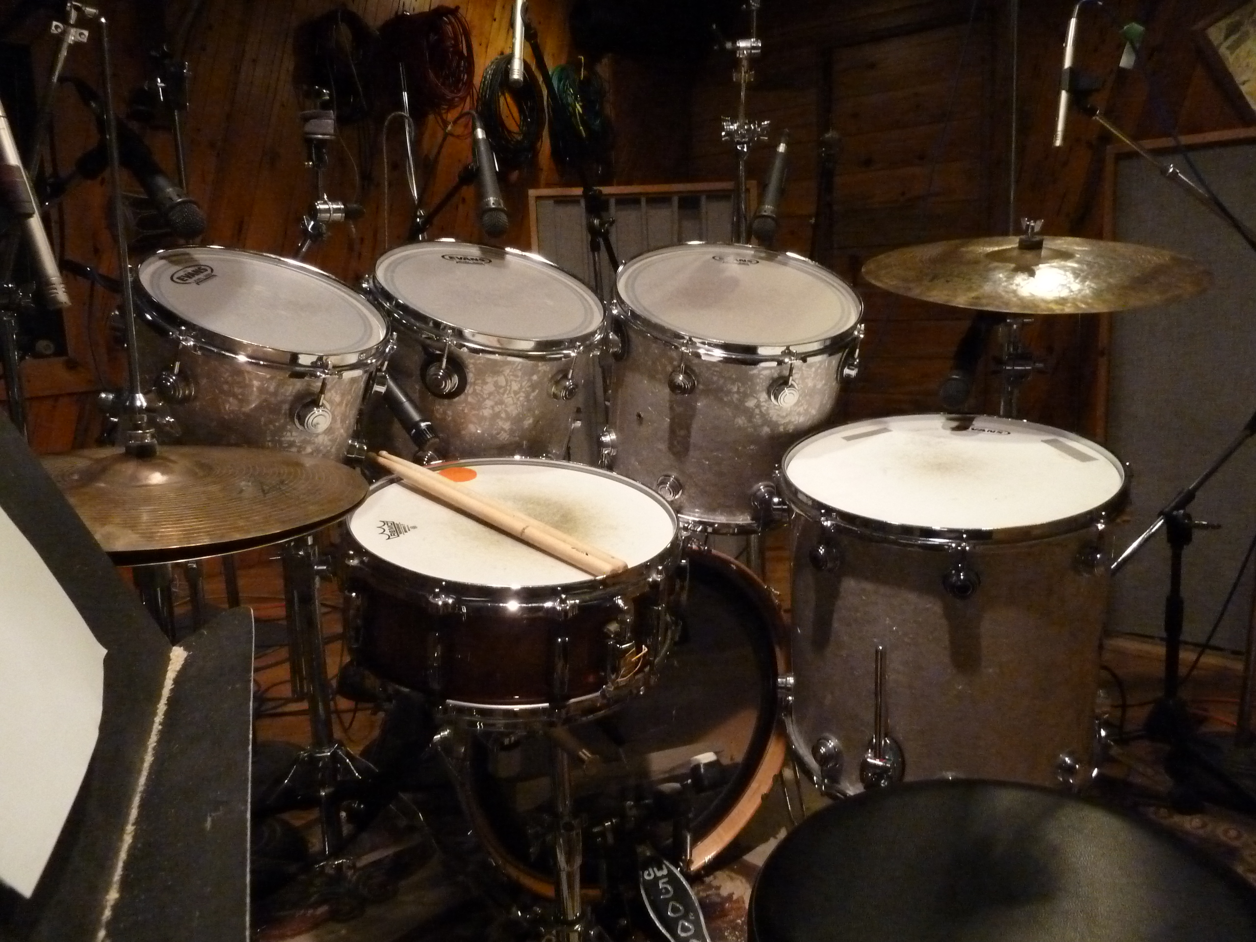Professional acoustic drum recording session with multi-microphone setup